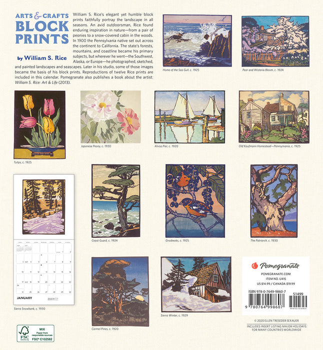 Arts & Crafts Block Prints by William S. Rice 2021 Wall Calendar